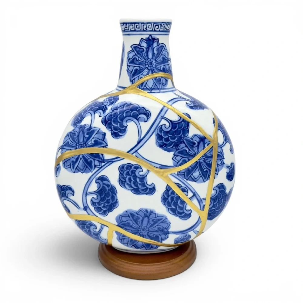 Kintsugi Vase Chinese Porcelain Moon Flask Gold Crack Art Personal Growth Gift - Picture 13 of 14
